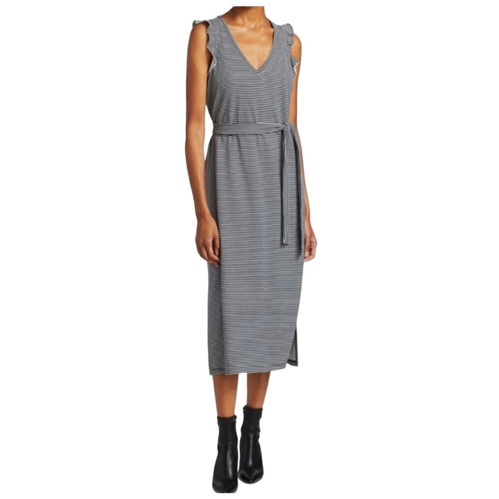 Paige Ravyn Waist Tie Midi Dress Ruffle Sleeve Navy/White Stripe Size XS